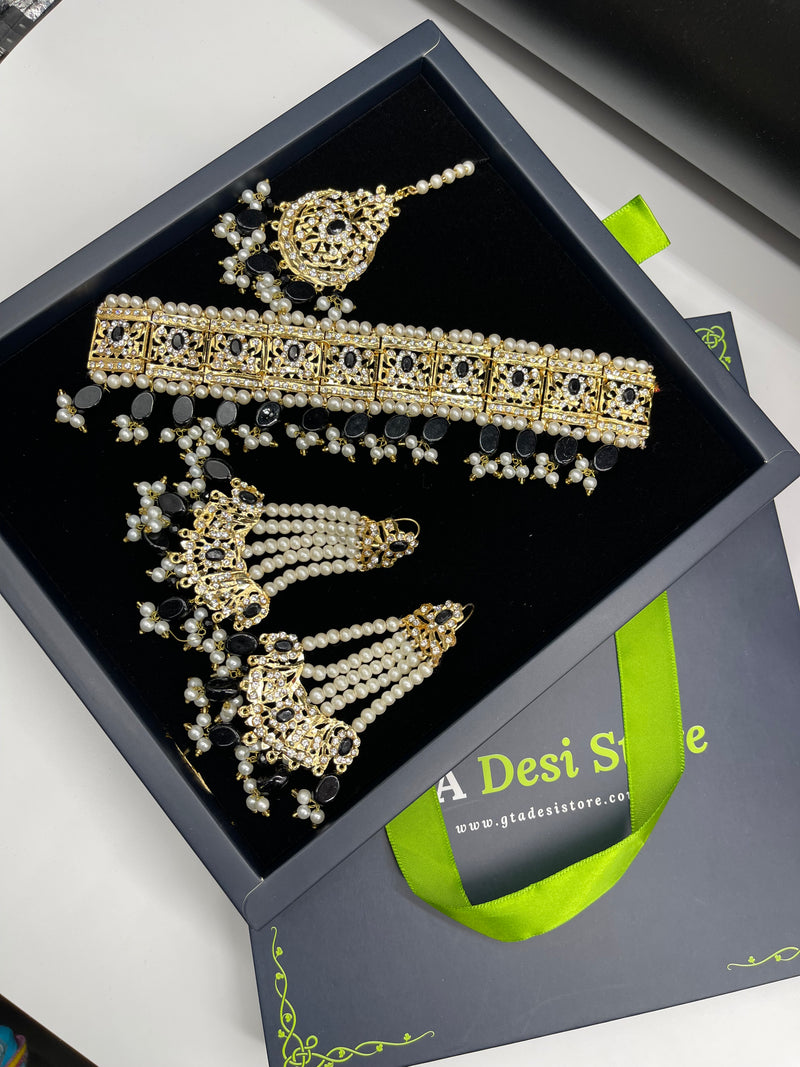 Golden Choker Necklace with Earrings and Bindiya - Necklaces by GTA Desi Store