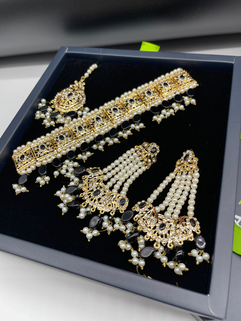 Golden Choker Necklace with Earrings and Bindiya - Black - Necklaces by GTA Desi Store