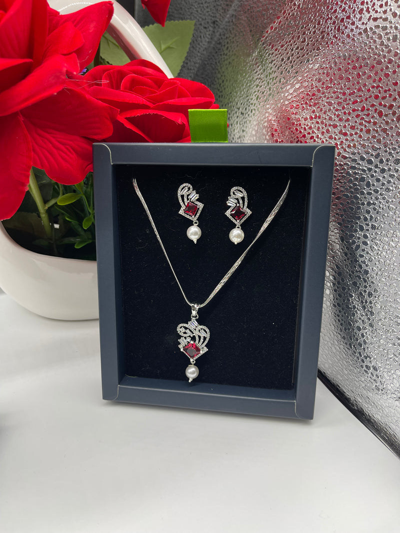 White Pearl Red stone Necklace with Earrings - Necklaces by GTA Desi Store