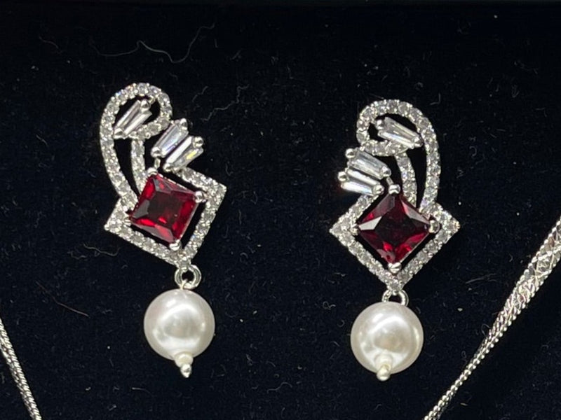 White Pearl Red stone Necklace with Earrings - Necklaces by GTA Desi Store