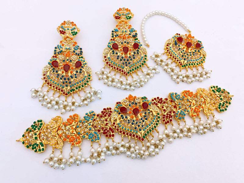 Nauratan Traditional 4pc Jewellery Set Pastel Multi-colored Beads Necklace With Earrings & Bindya in Indian Pakistani Desi Style - by GTA Desi Store