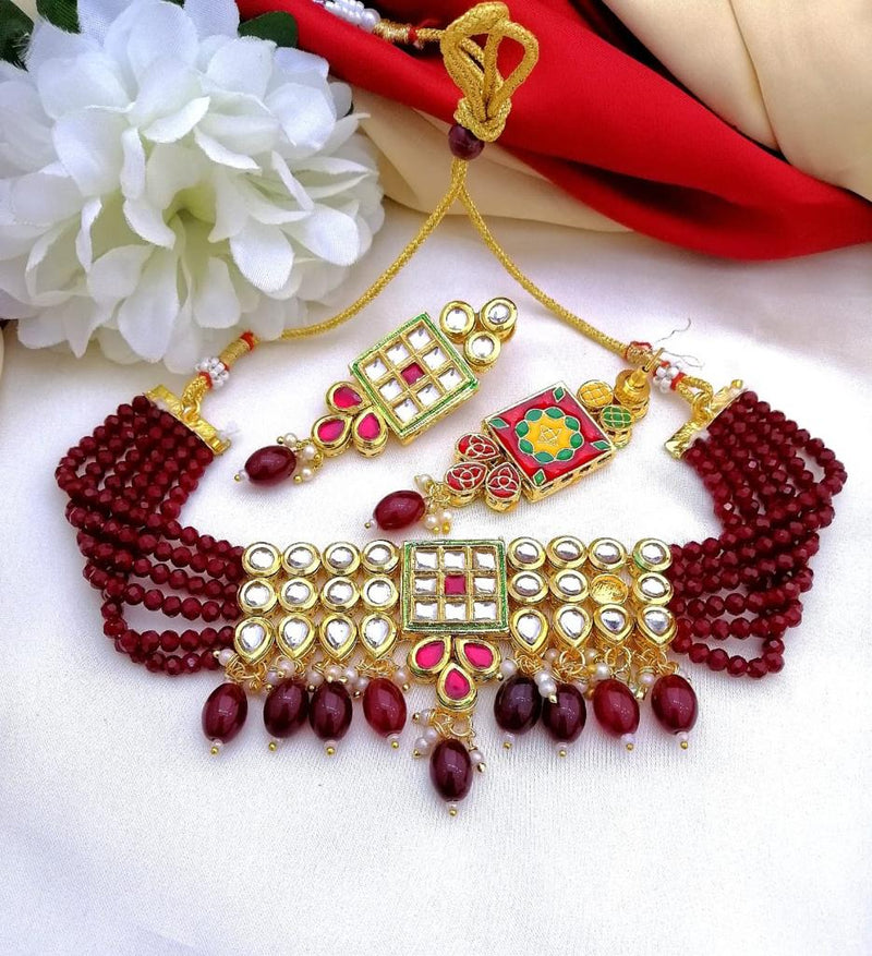 Buy Kundan Pearl Choker Necklace with Earrings; GTA Desi Store - Maroon - Necklaces by GTA Desi Store