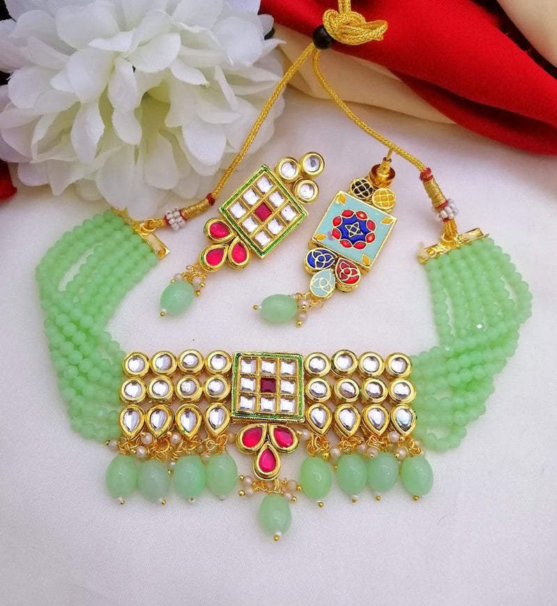 Buy Kundan Pearl Choker Necklace with Earrings; GTA Desi Store - Green - Necklaces by GTA Desi Store