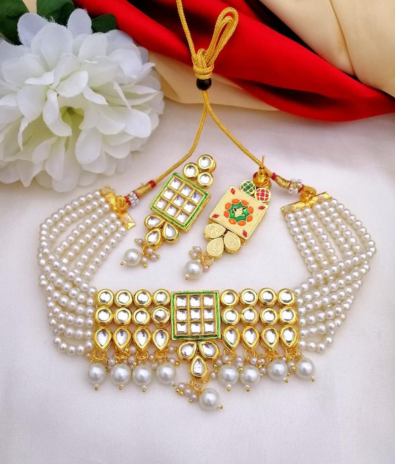 Buy Kundan Pearl Choker Necklace with Earrings; GTA Desi Store - Pearl - Necklaces by GTA Desi Store