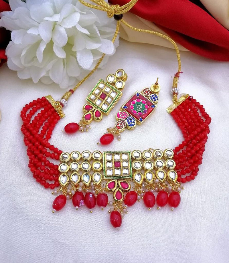 Buy Kundan Pearl Choker Necklace with Earrings; GTA Desi Store - Red - Necklaces by GTA Desi Store