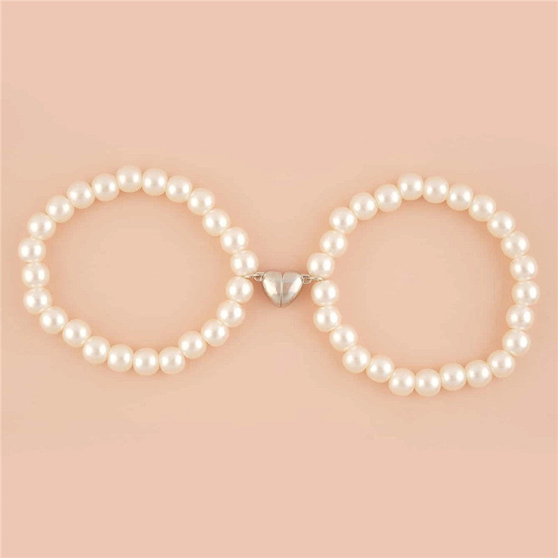 BFF Pearls And Heart-shaped Magnetic Clasp Bracelet - White - Accessories by GTA Desi Store