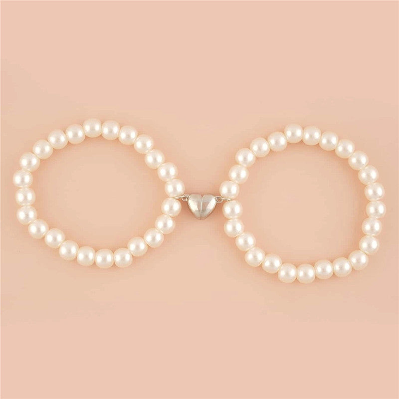 BFF Pearls And Heart-shaped Magnetic Clasp Bracelet - White - Accessories by GTA Desi Store