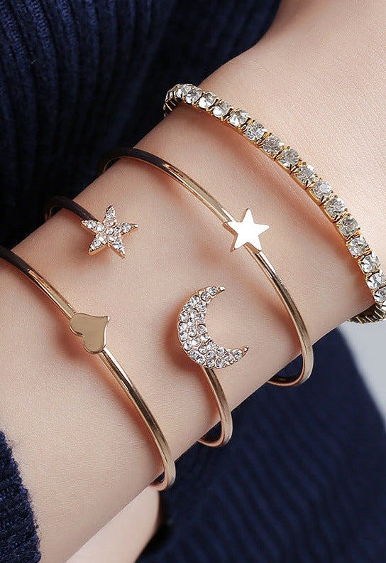 Star And Moon Diamond Glossy Heart And Star Bracelet - Accessories by GTA Desi Store